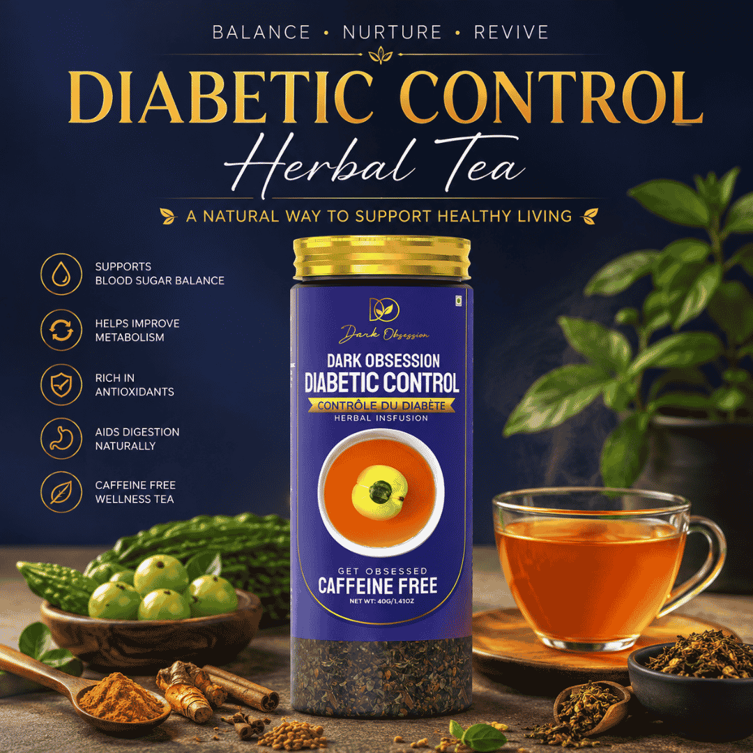 Dark Obsession Diabetic Control Herbal Tea with Indian Gooseberry, Bitter Gourd, Turmeric, Basil, Cinnamon, Fenugreek, and Stevia by trusted tea suppliers in India